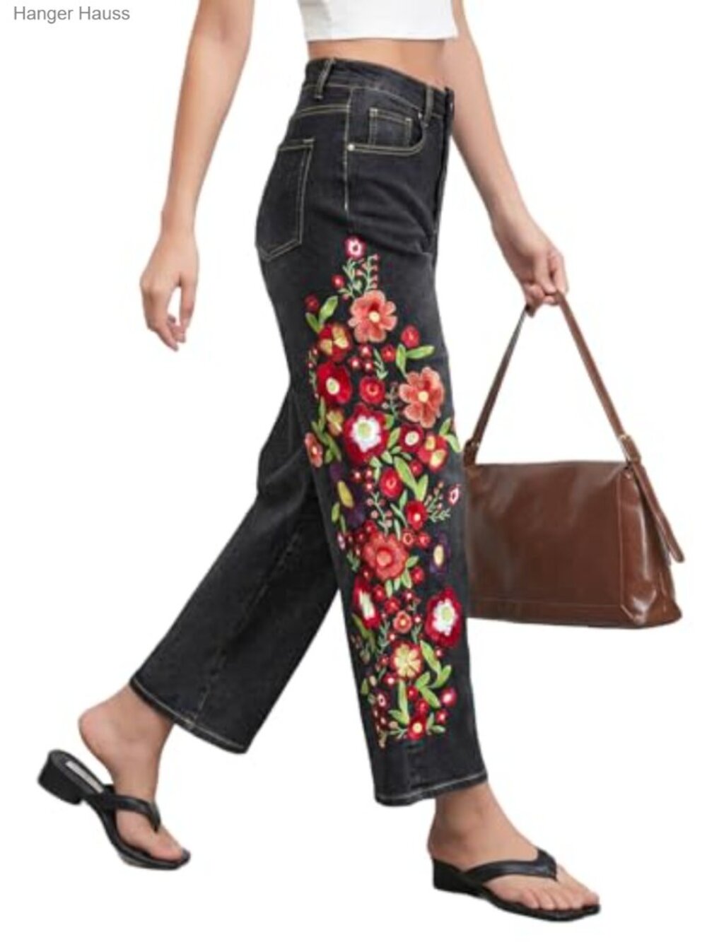 Straight Leg Cropped Jeans Mid Rise Floral Print Boho Denim Ankle Pants